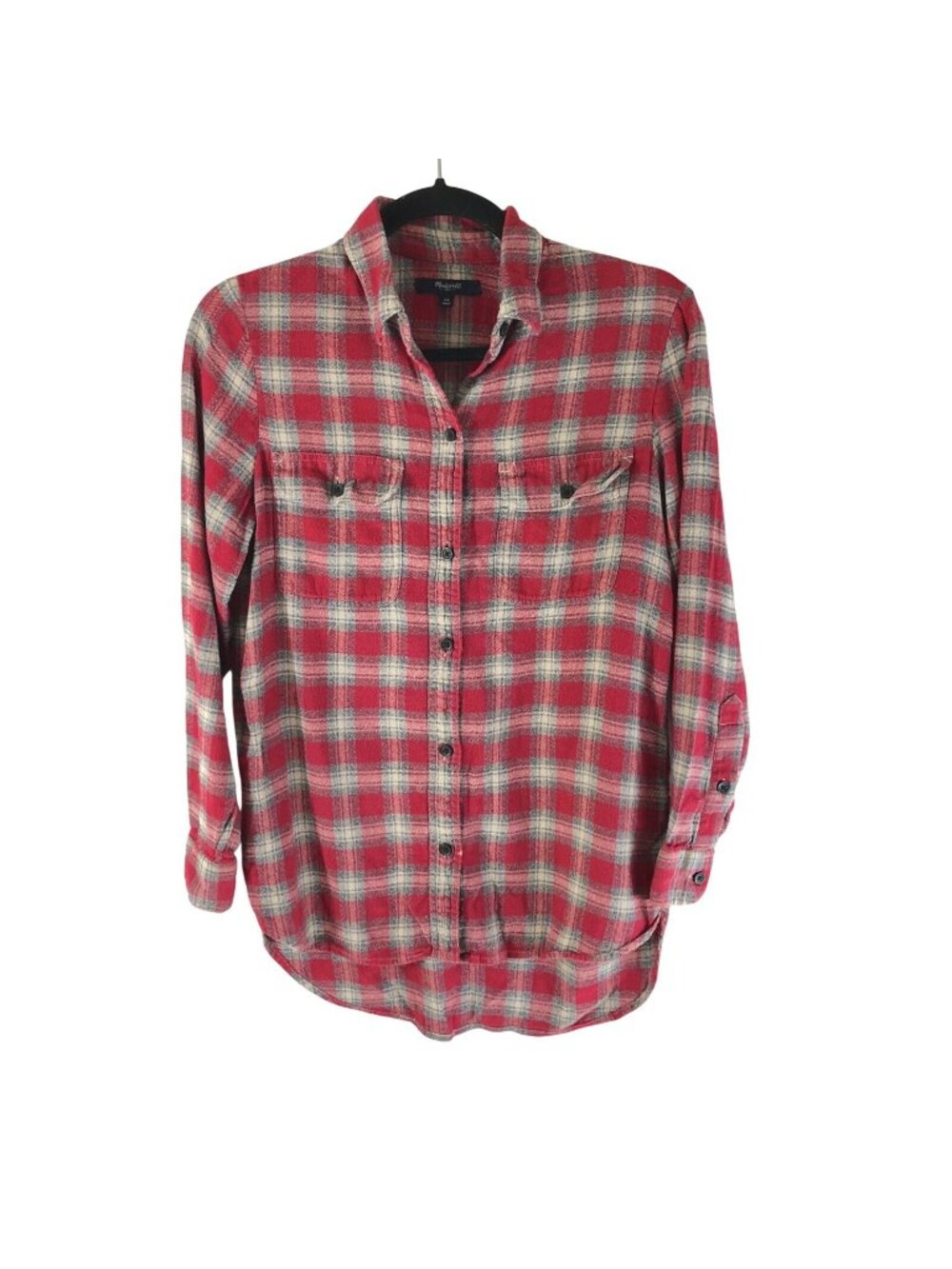 Madewell Ex-Boyfriend Shirt in Fairfax Plaid Flannel Hi Lo Cotton Blend Red XS